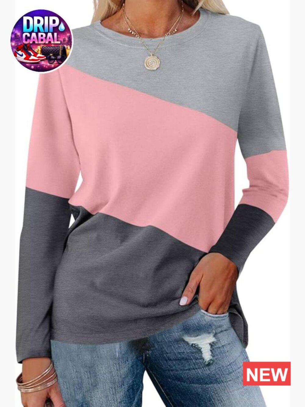 Long Sleeve Tunic Top with Color Block Design, Cotton Blend
